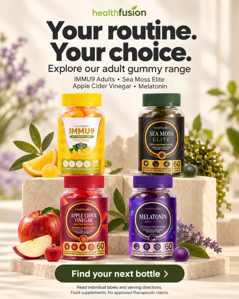 HealthFusion adult gummy range featuring Immu9 Adults, Sea Moss Elite, Apple Cider Vinegar and Melatonin + 5-HTP.