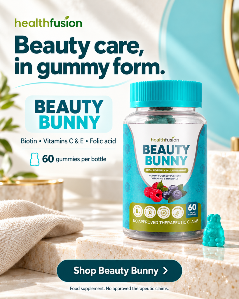 Beauty Bunny gummy supplement bottle in a beauty-care setting.