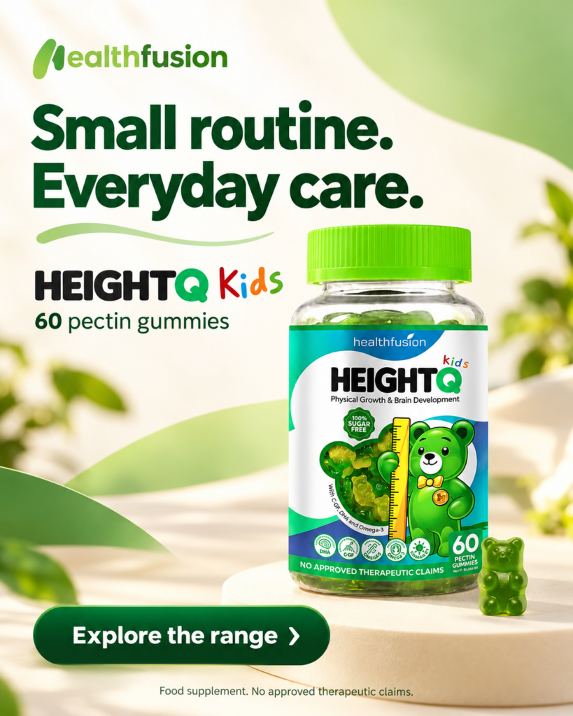 HeightQ Kids gummy supplement bottle on a green background.