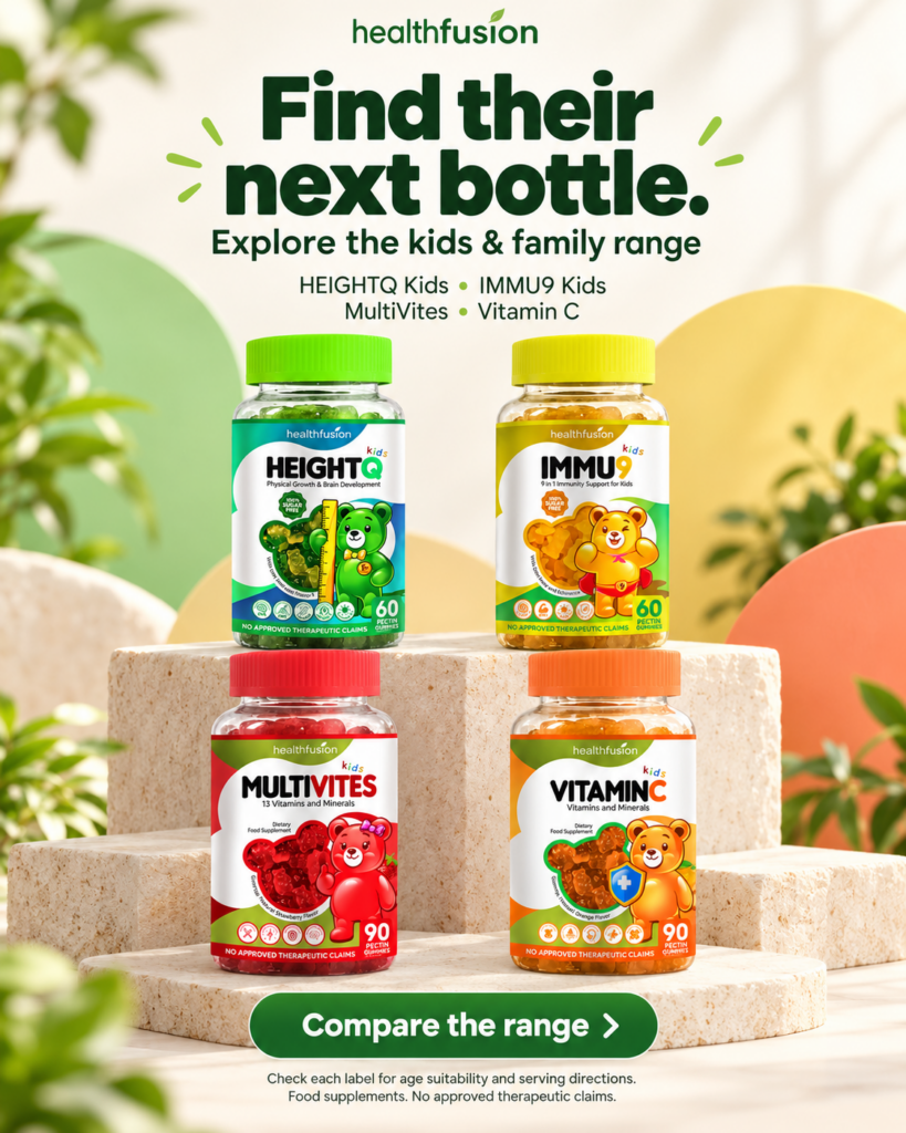 HealthFusion kids and family collection with HeightQ Kids, Immu9 Kids, MultiVites and Vitamin C.