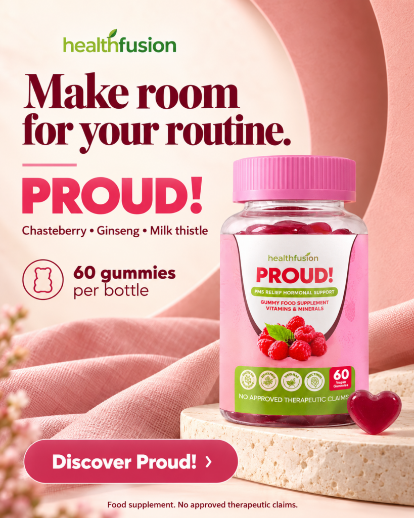 Proud women's wellness gummy supplement bottle.